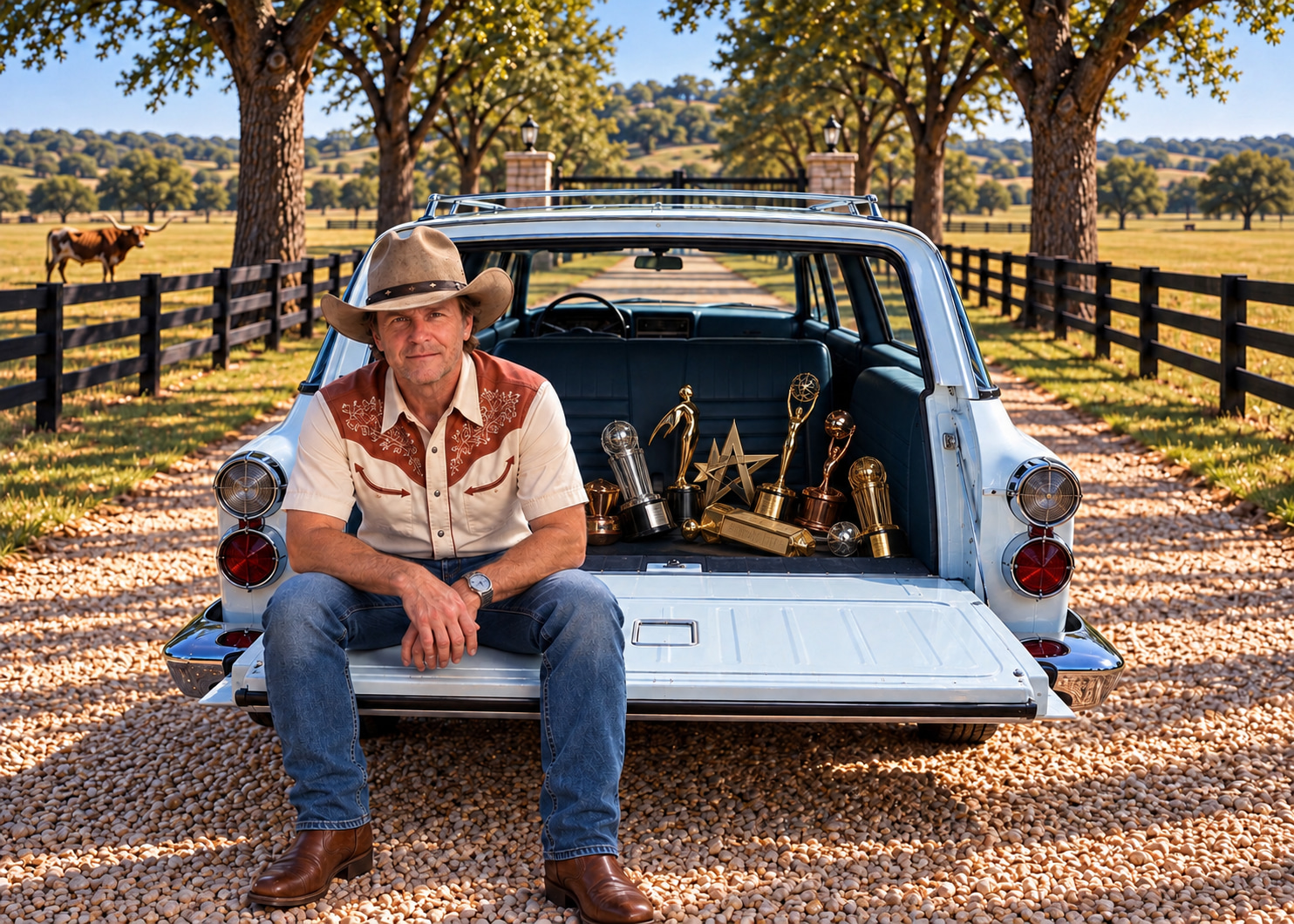ClickSling founder on a Texas ranch with a collection of advertising awards.