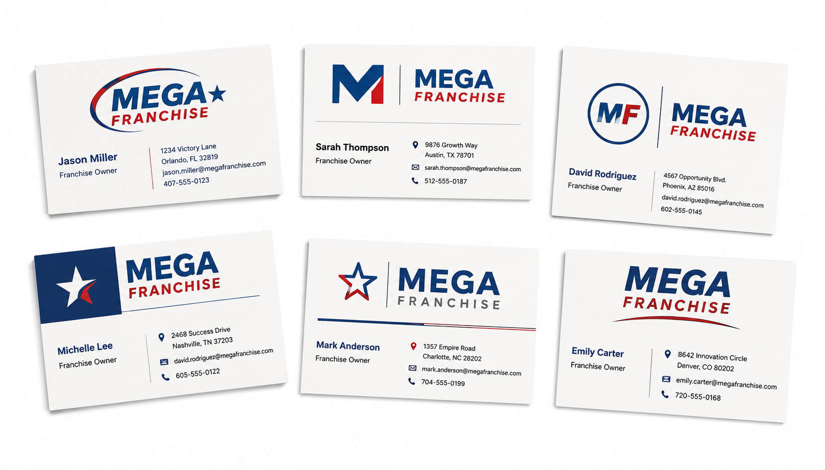Business cards for six different franchise owners, all on the same approved brand