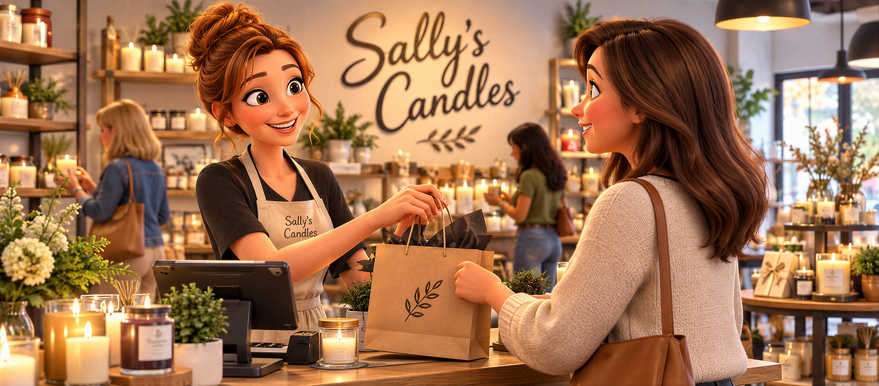 Illustration of a candle-shop owner handing a customer her purchase at Sally's Candles