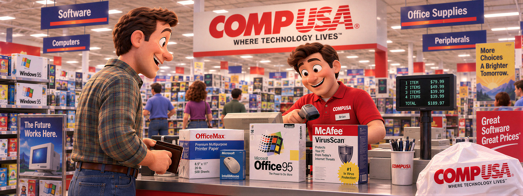 Illustration of a customer buying boxed software at a 1990s CompUSA checkout counter