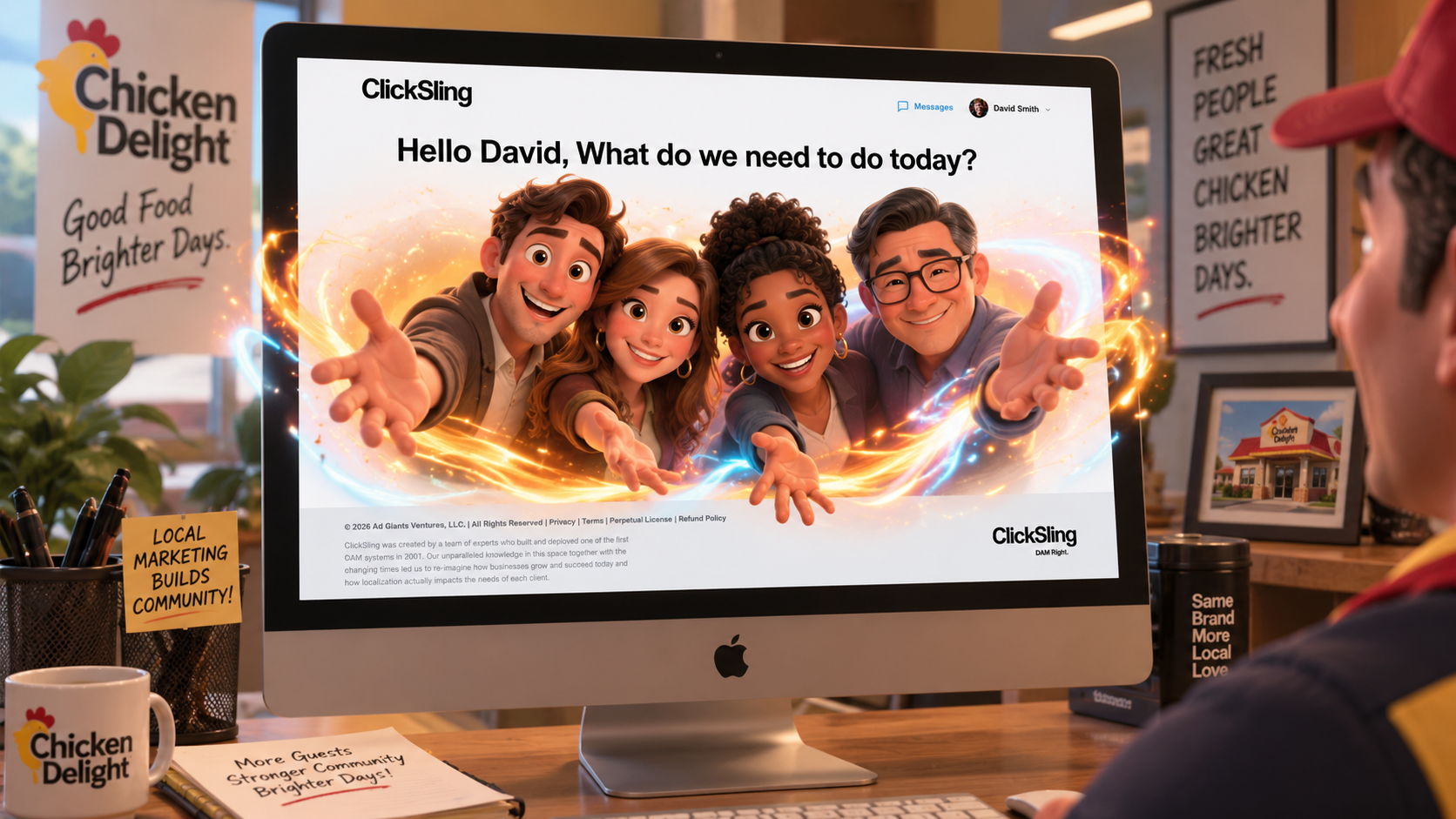 The ClickSling Creative Department open on screen in a client office