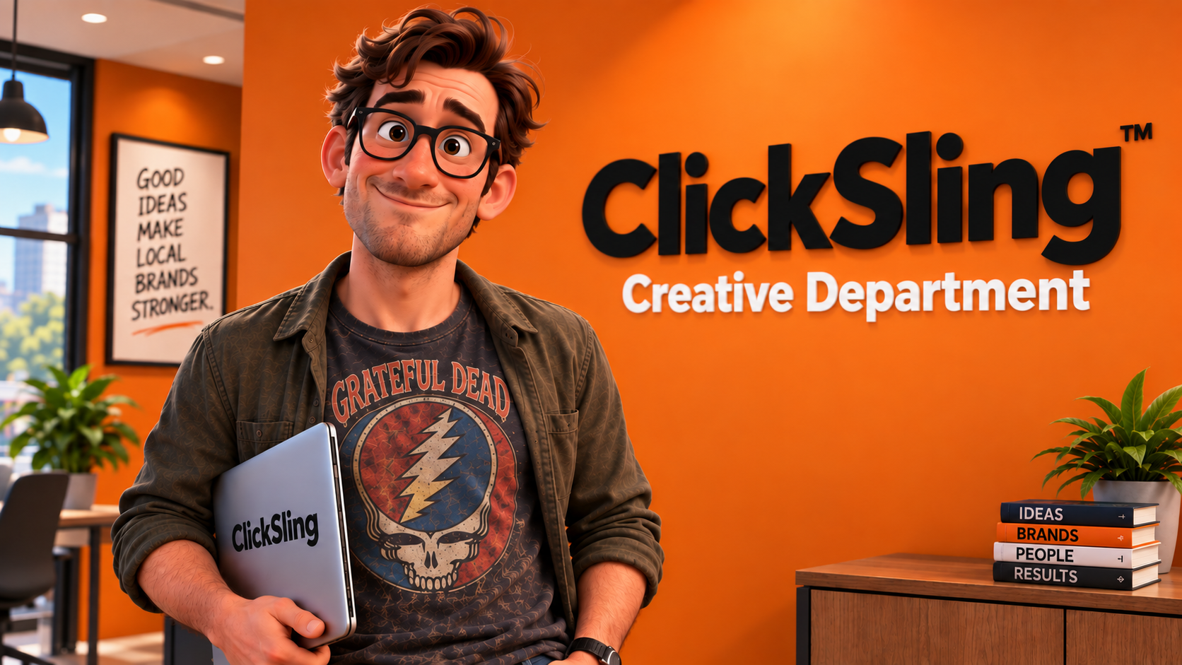 The ClickSling copywriter in the Creative Department office