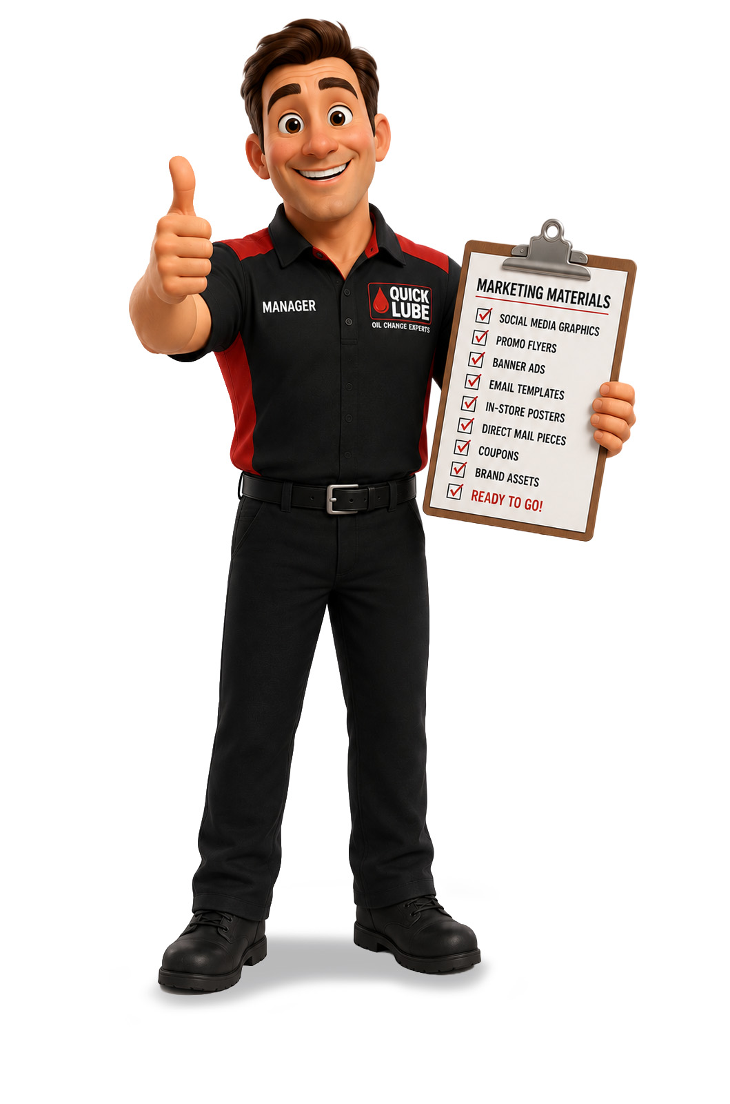 A location manager giving a thumbs up beside a checklist of ready-to-go marketing materials
