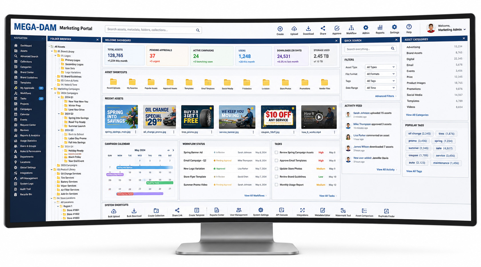 An overloaded enterprise DAM marketing portal crowded with panels, folders and controls