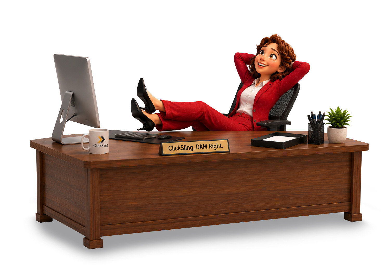 A relaxed marketing director with her feet up at a desk beside a ClickSling nameplate