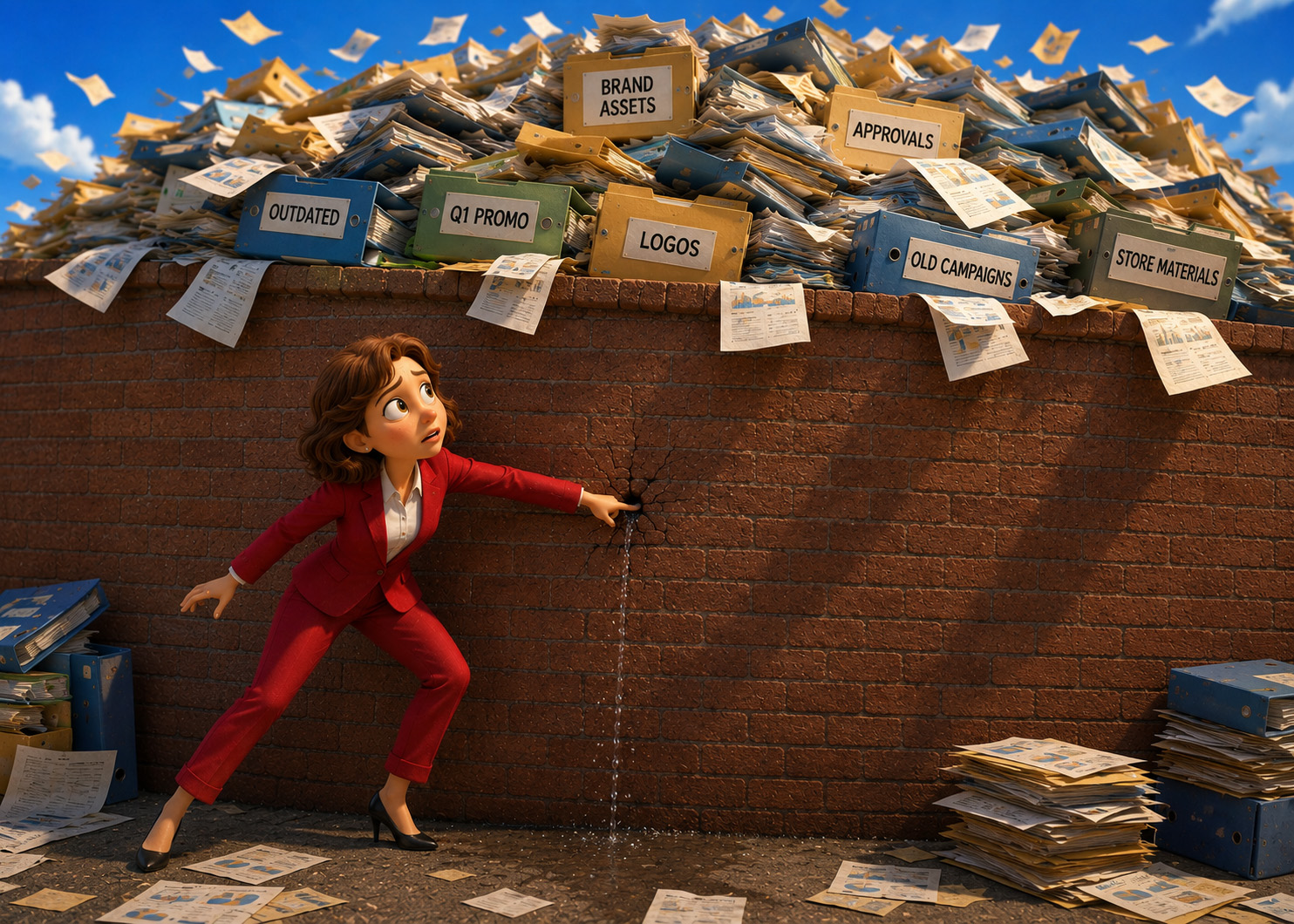 A marketing manager holding back a wall overflowing with binders of brand assets, approvals, logos and old campaigns