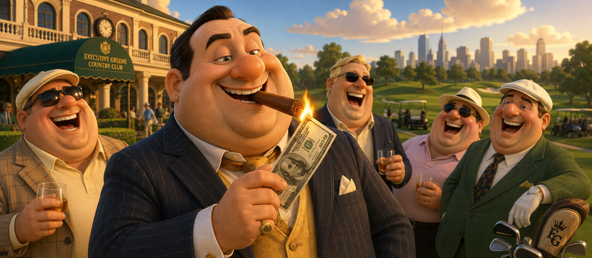 Executives at a country club laughing while one lights a cigar with a burning hundred-dollar bill