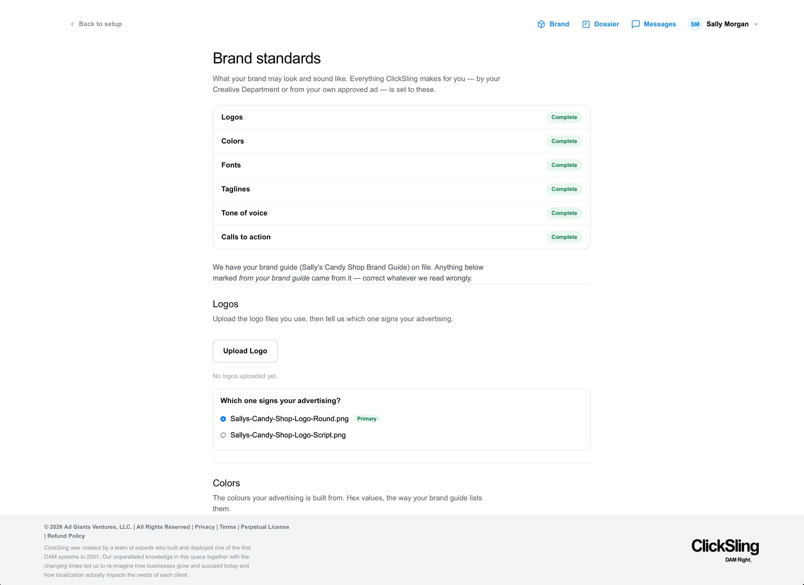 Brand standards: logos, colors, fonts, taglines, tone of voice and calls to action, each marked complete.