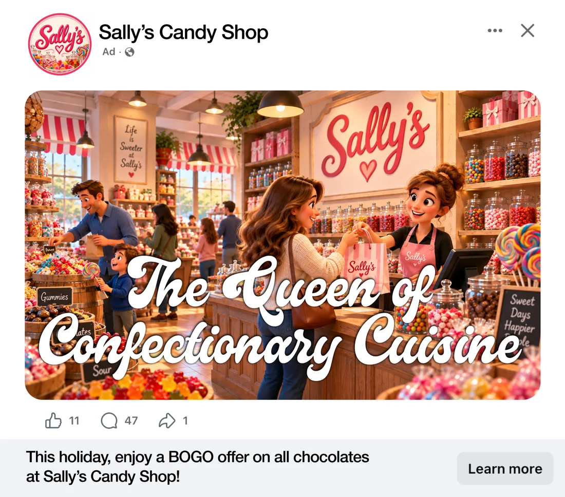 The finished Sally's Candy Shop Facebook ad: “The Queen of Confectionary Cuisine,” with a holiday BOGO offer on all chocolates.