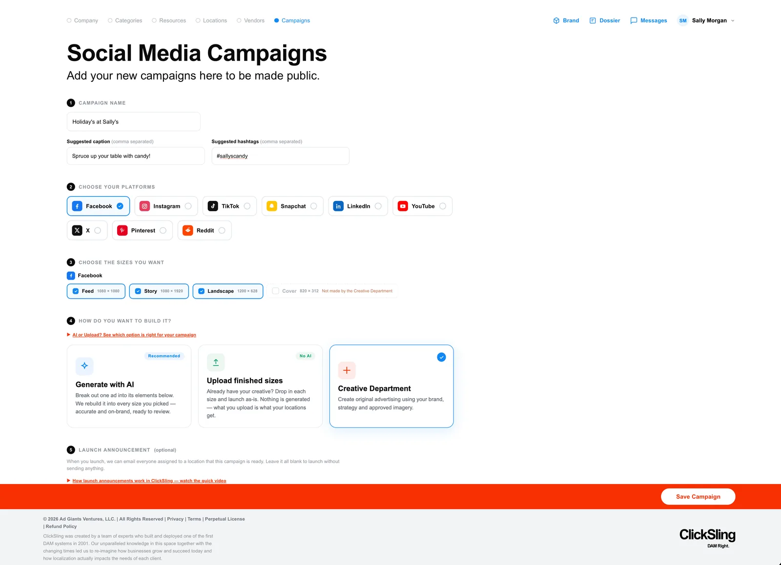 The completed Holiday's at Sally's campaign: caption, hashtag, Facebook feed, story and landscape sizes, with the Creative Department chosen to build it.
