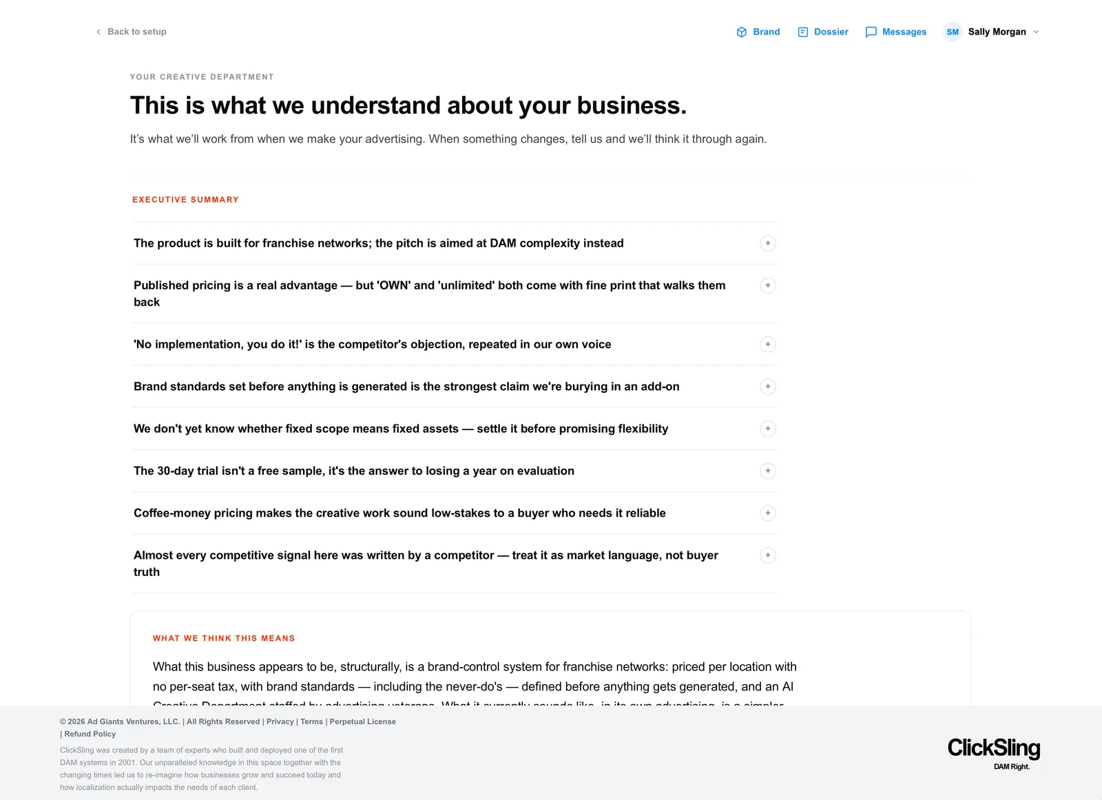 The Brand Dossier: what ClickSling understands about your business, starting with an executive summary of findings.