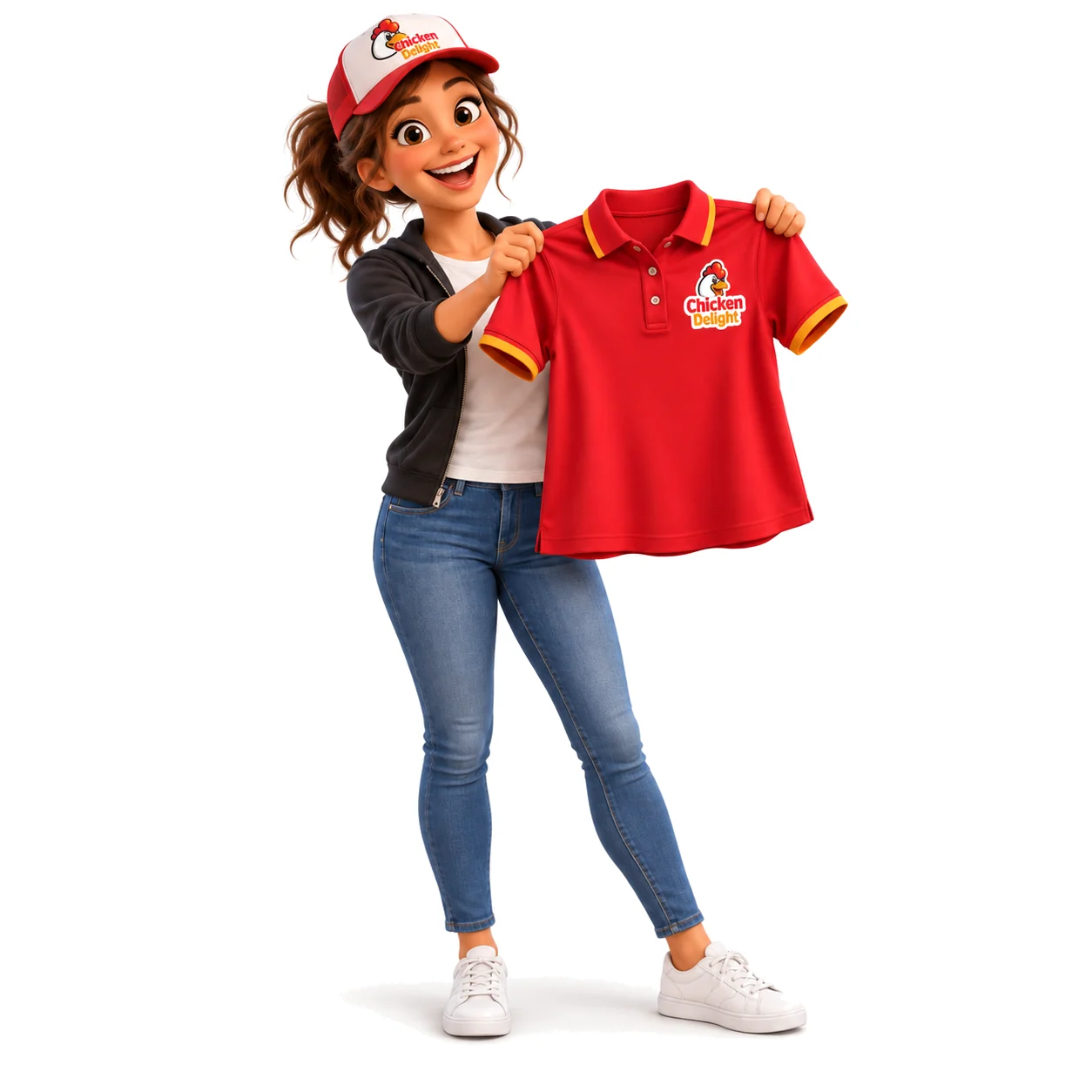 Branded merchandise and uniforms: an employee holding up a branded polo shirt.