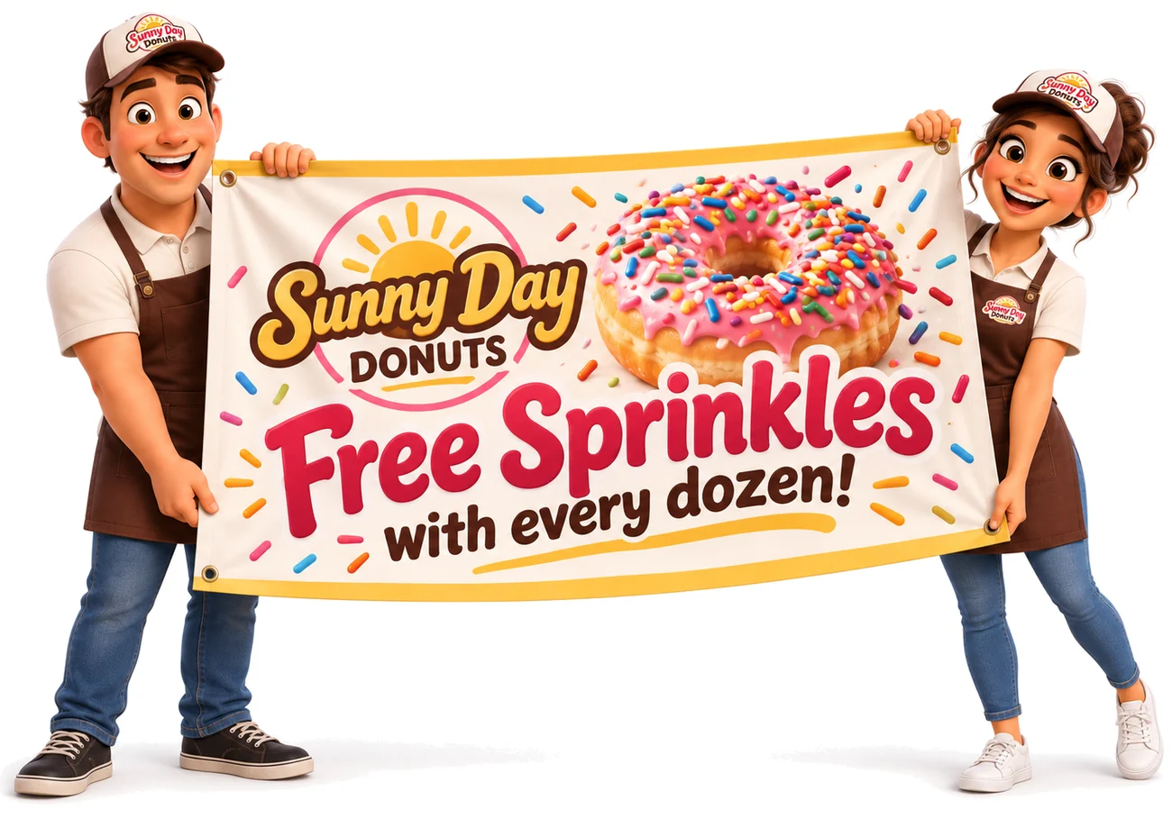 Point-of-purchase advertising: two shop staff holding up a promotional banner.