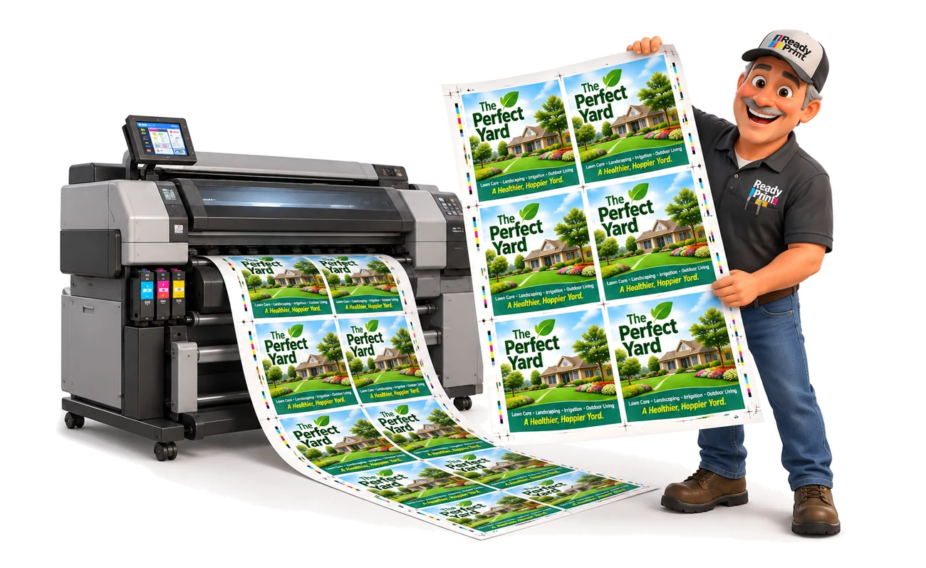 Print production: a large-format printer turning out print-ready flyers.