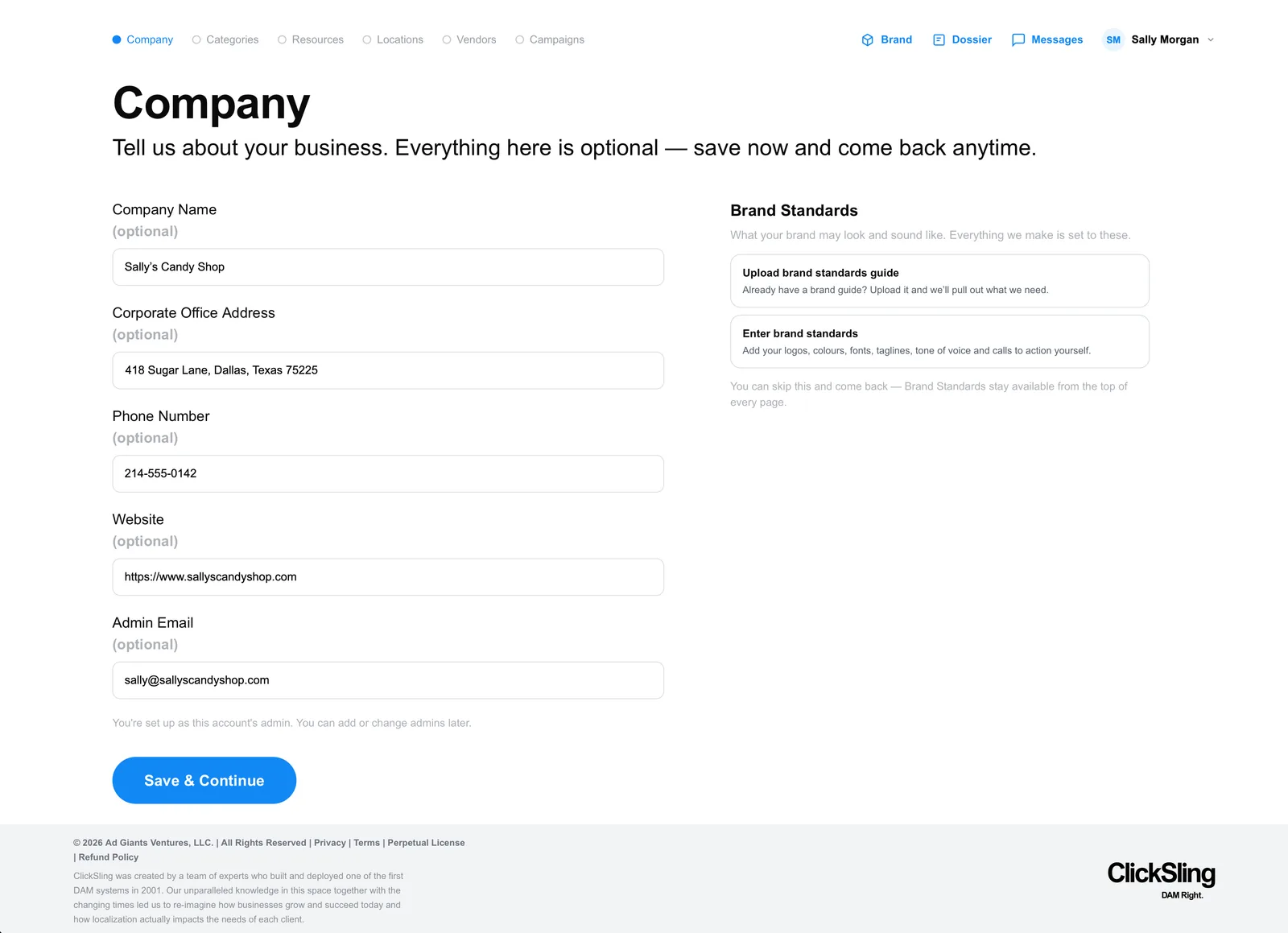 ClickSling setup, step 1: Company — company name, address, phone, website and admin email, with a Brand Standards panel.