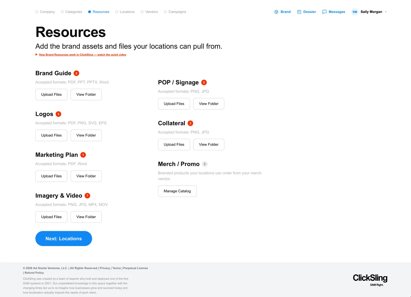 Step 3: Resources — upload brand guides, logos, marketing plans, imagery, signage and collateral.