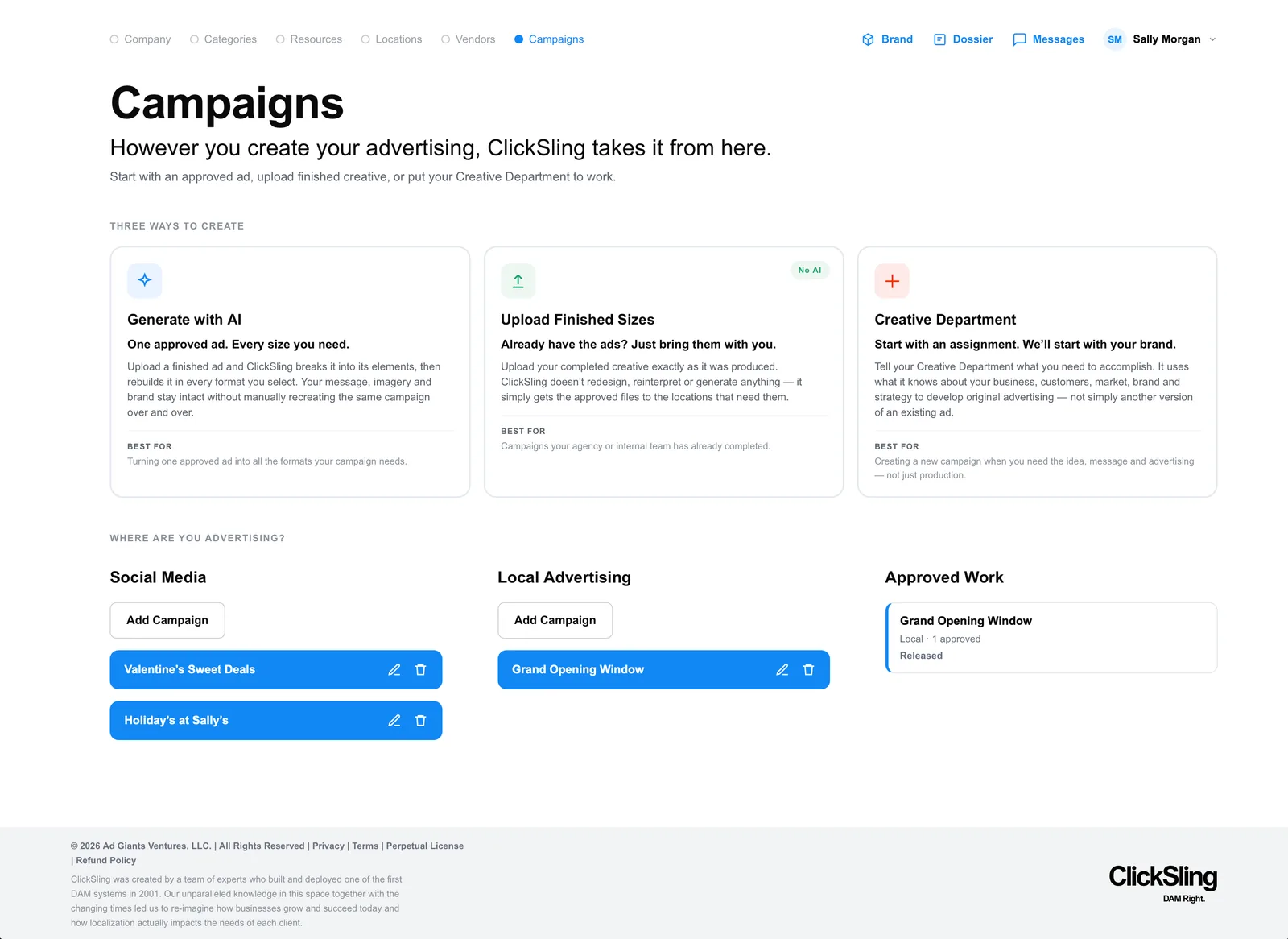 Step 6: Campaigns — three ways to create: Generate with AI, Upload Finished Sizes, or the Creative Department.