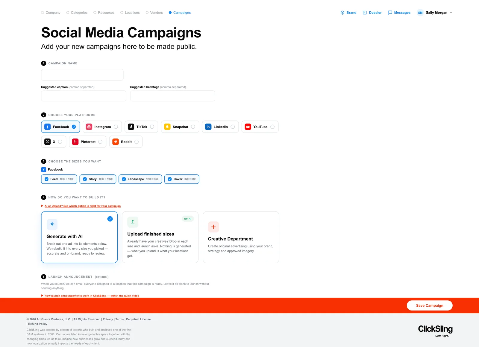 A new social media campaign: name it, choose platforms and sizes, and choose how to build it.
