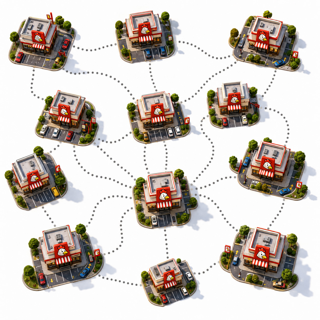 A dozen franchise locations connected across a network