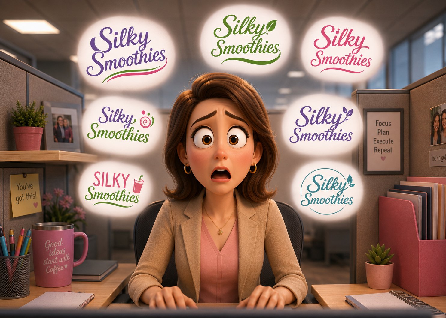 A brand manager surrounded by many mismatched versions of the same logo