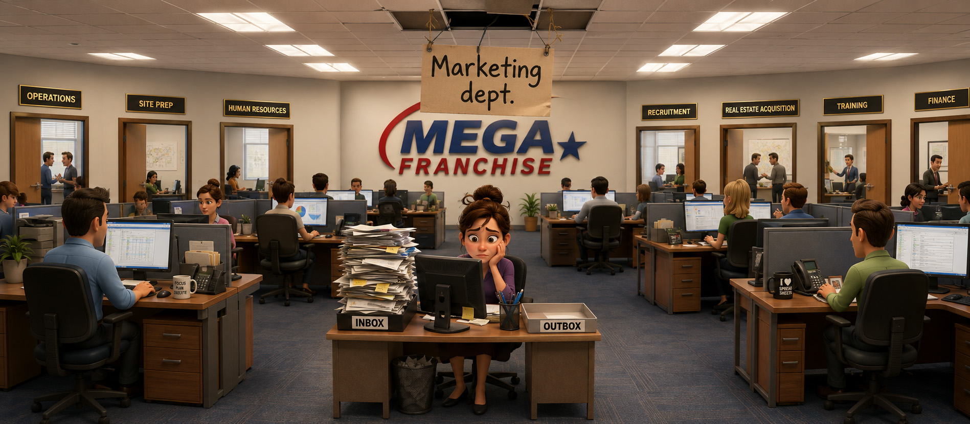 A corporate marketing employee buried in paperwork beneath a hand-written Marketing dept. sign at a franchise head office