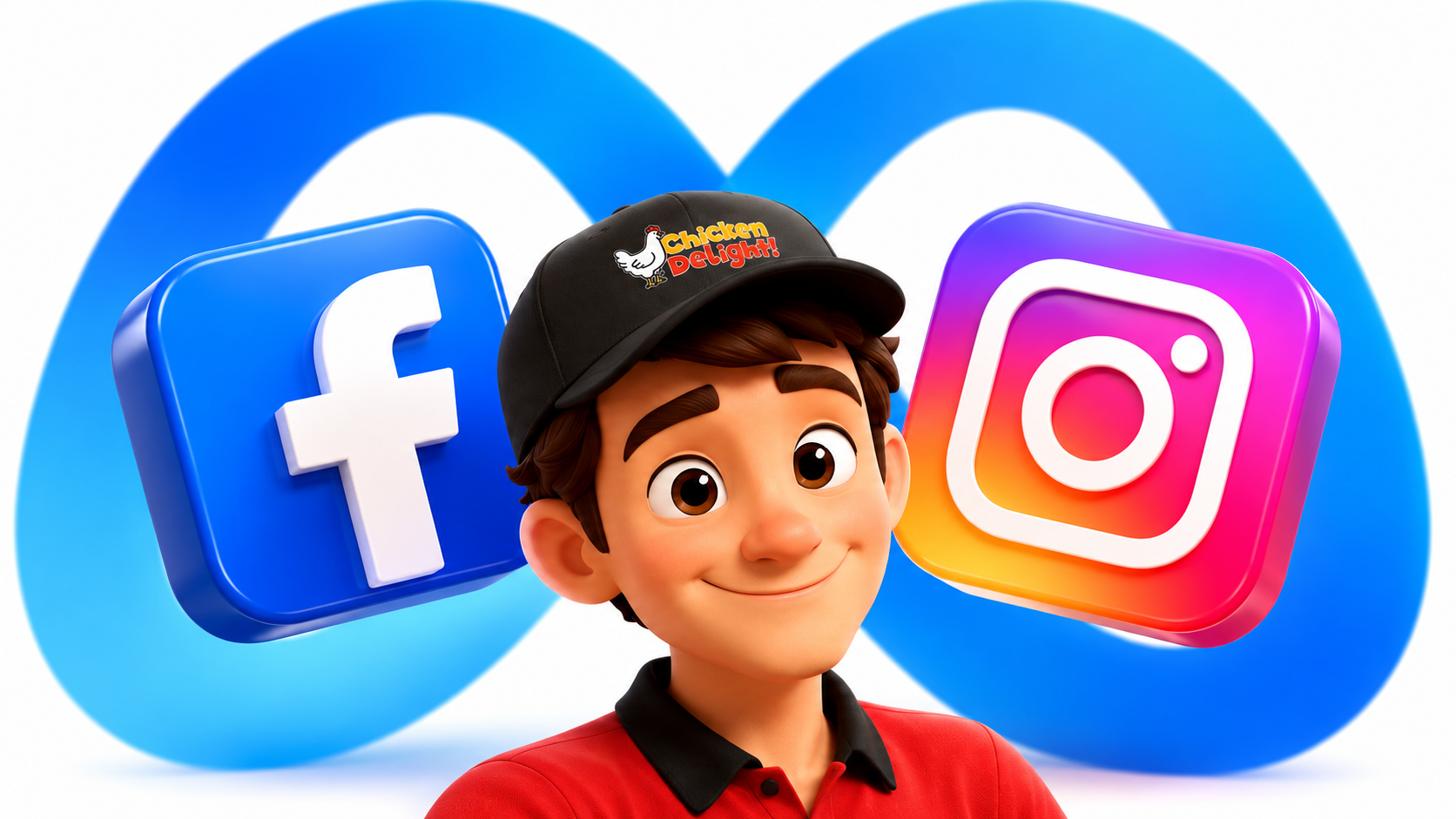 A smiling ClickSling customer in front of the Meta, Facebook and Instagram logos