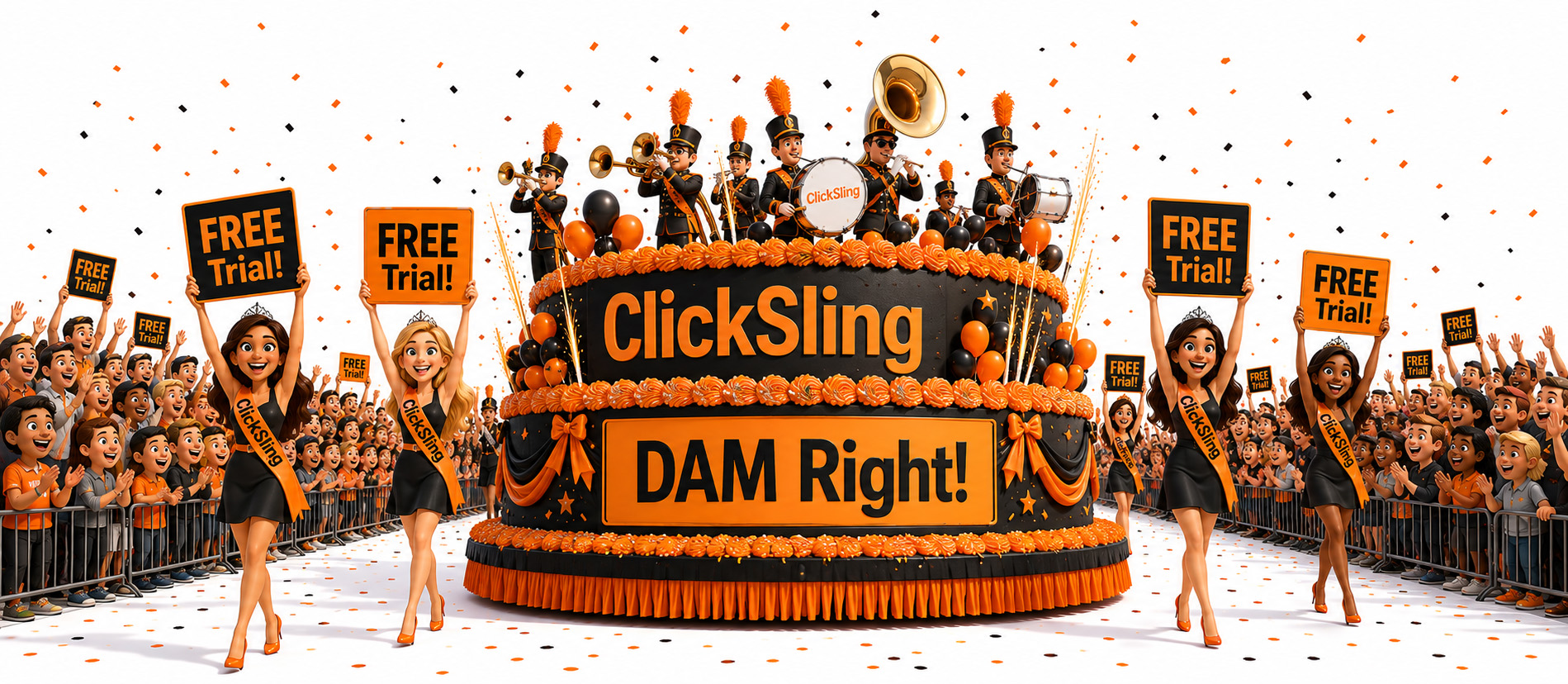 A parade float celebrating ClickSling with a marching band, cheering crowd and a DAM Right! sign