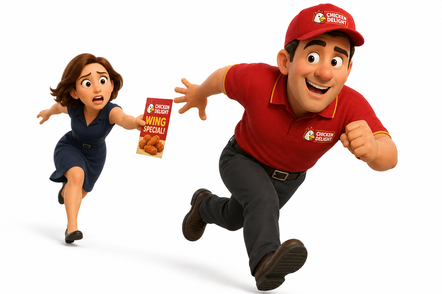 A franchisee running off with a promotional flyer while a corporate marketer chases after him
