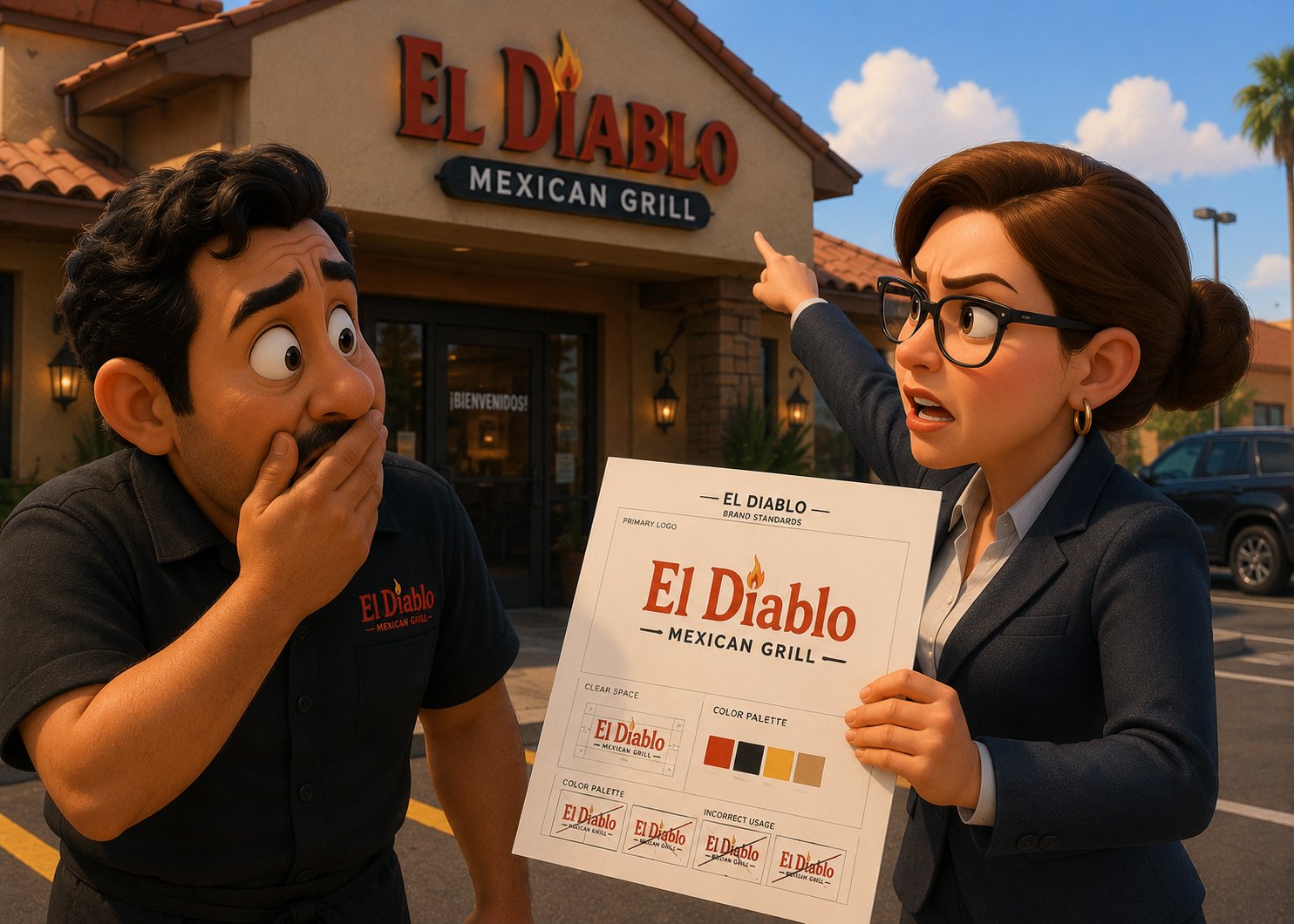 A manager pointing out brand-standard mistakes to a franchise employee