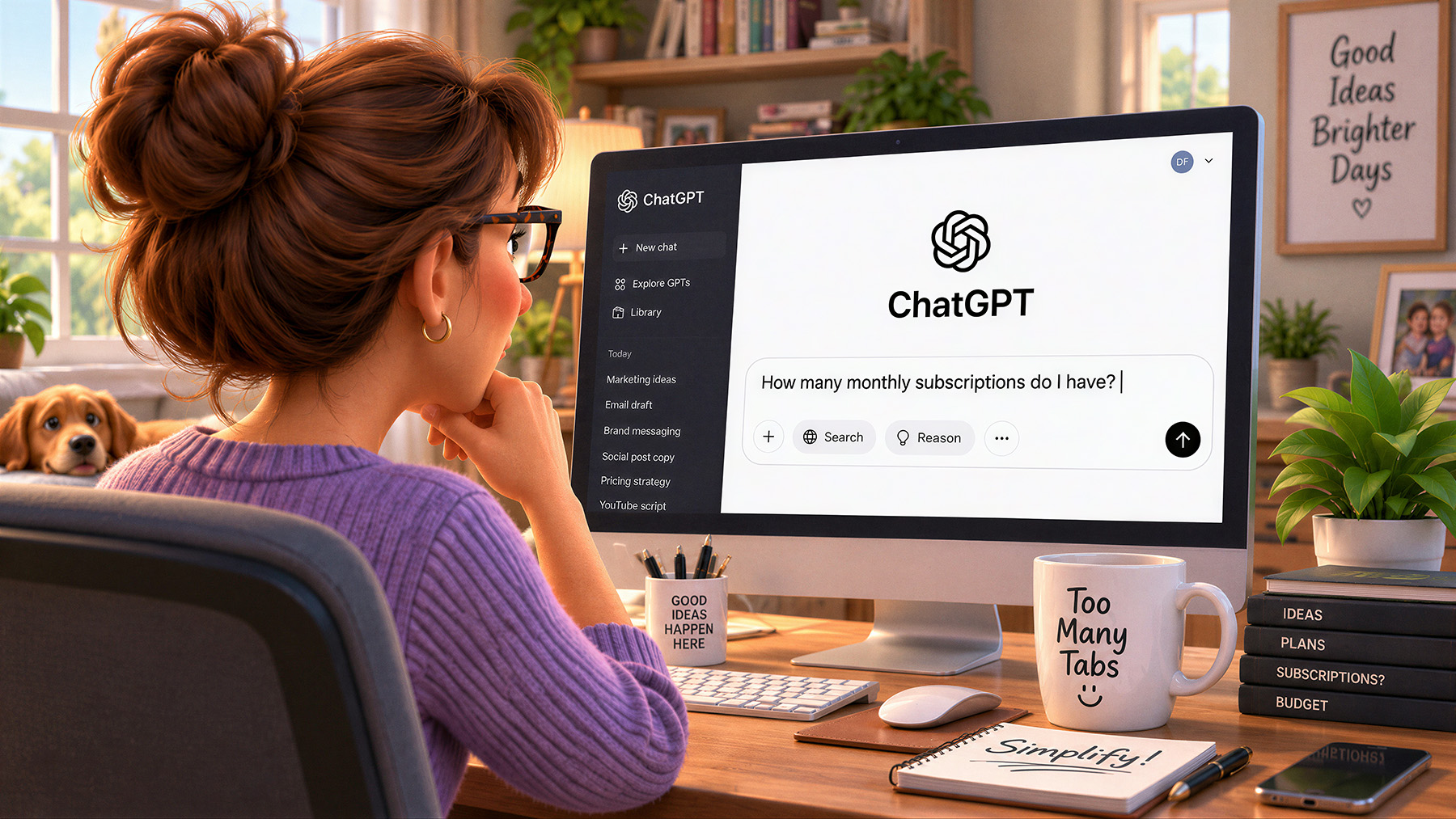 A marketer at her desk asking an AI assistant how many monthly subscriptions she has