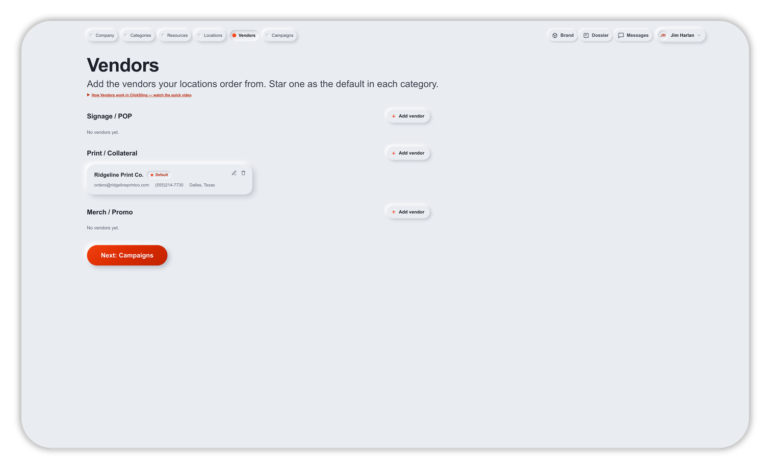 Setup wizard — Vendors