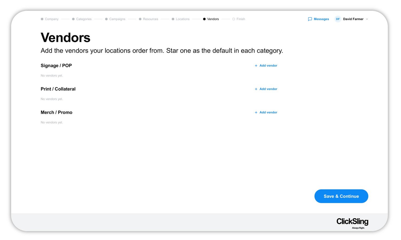 Setup wizard — Vendors