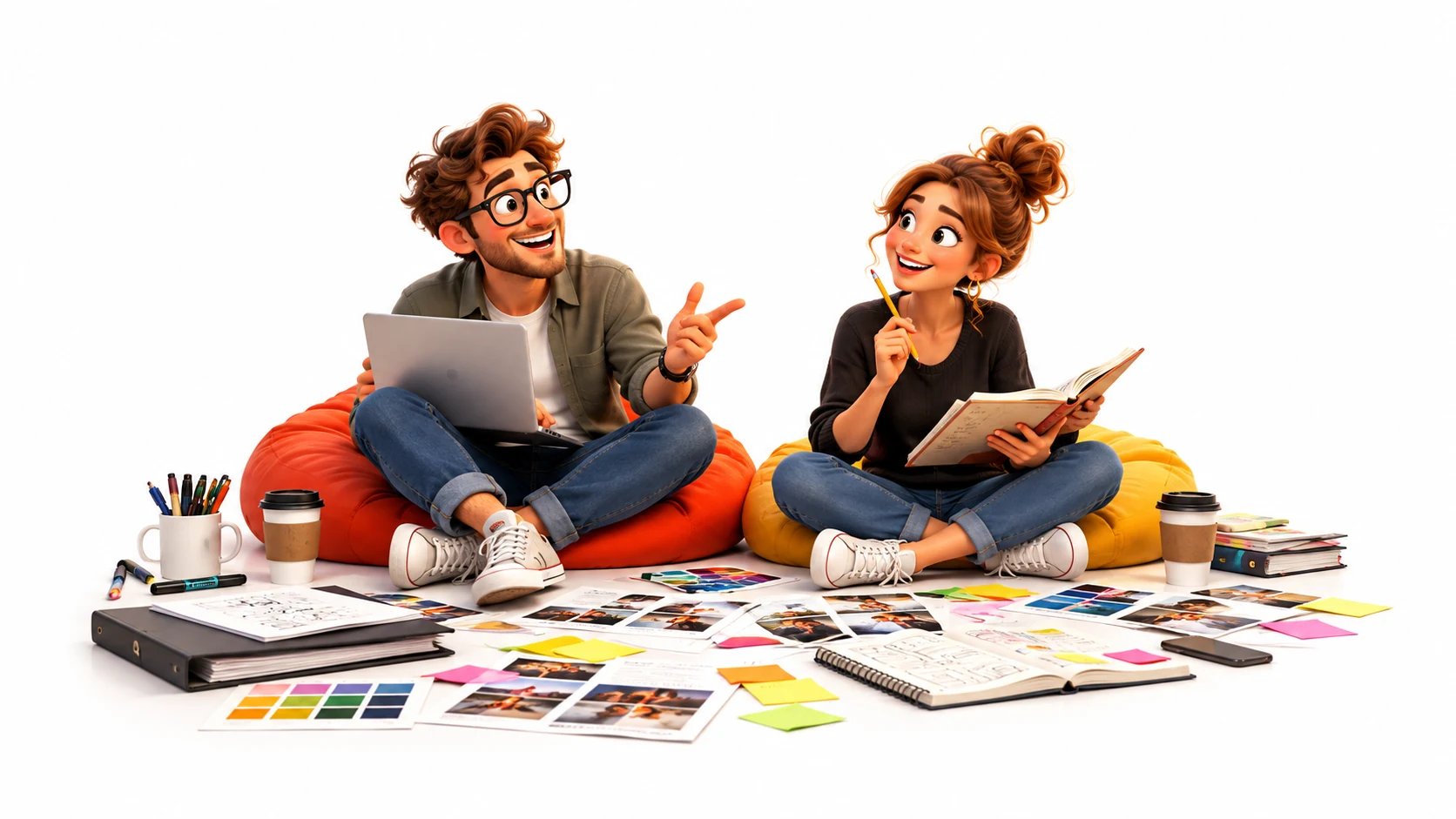 Two creatives brainstorming ideas for a commercial, surrounded by sketches, swatches and notes