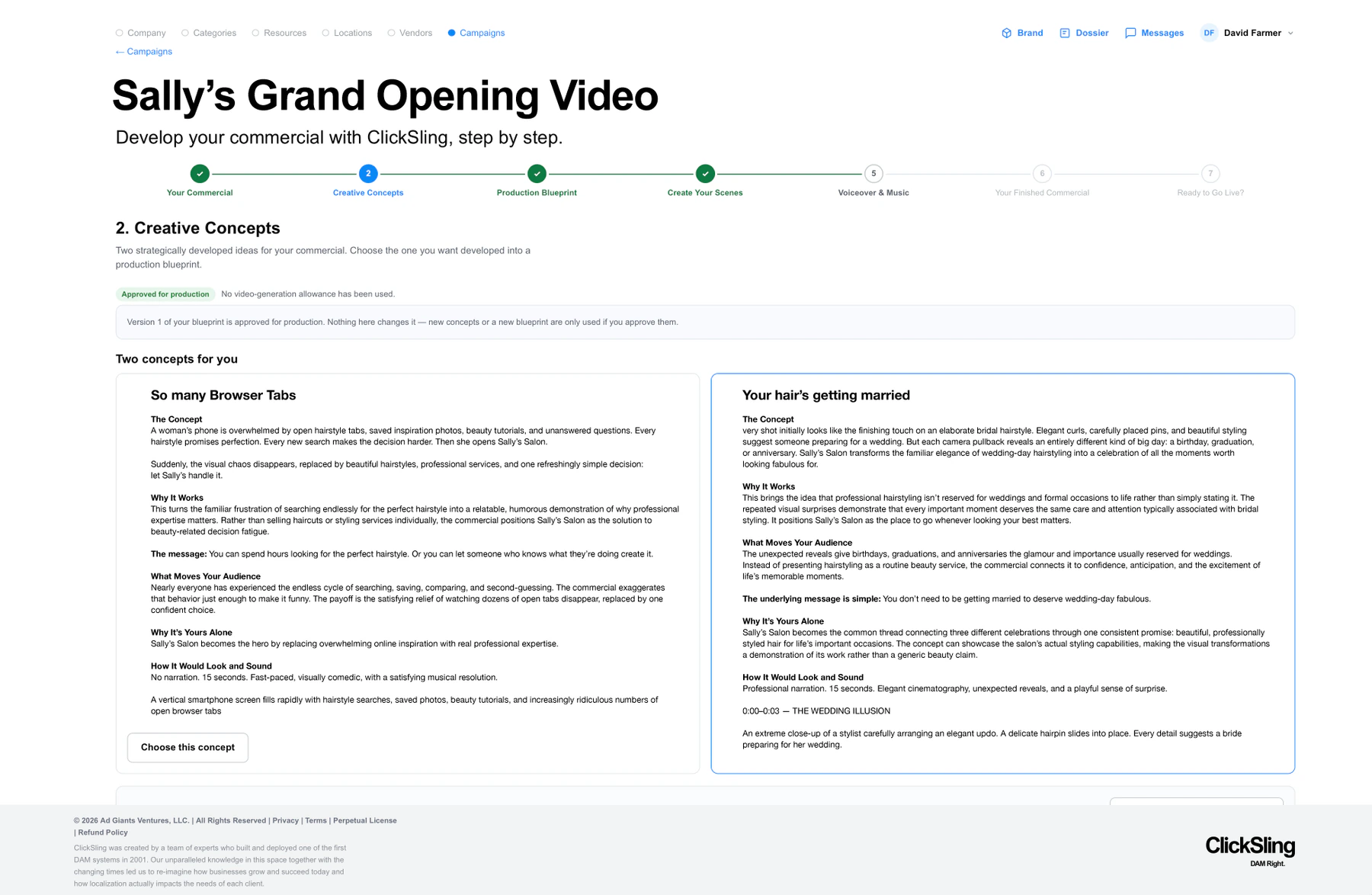 ClickSling's Creative Concepts step: two strategically developed concepts for a commercial, each with why it works, what moves the audience and how it would look and sound