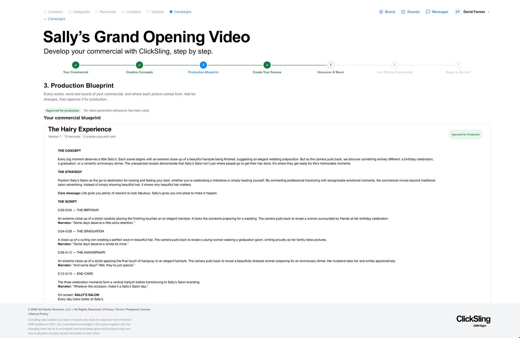 ClickSling's Production Blueprint step: the concept, strategy, script and every scene of the commercial, approved for production