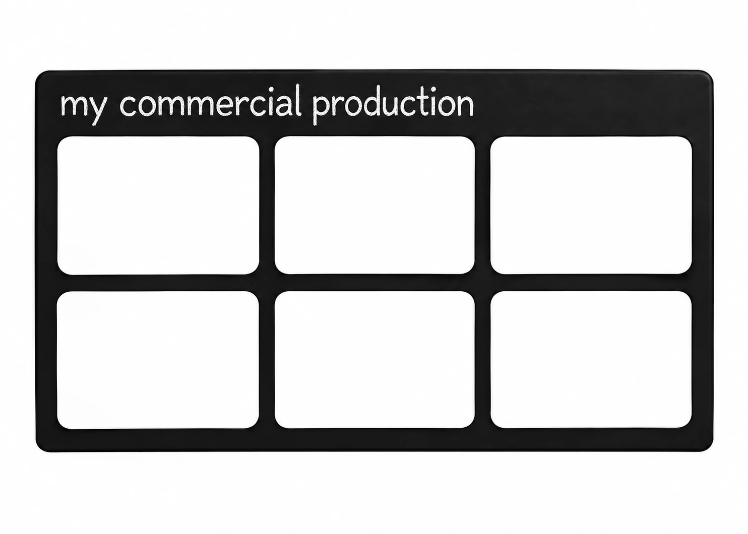 A black storyboard titled “my commercial production”, its six frames filled with scenes from Sally's Salon